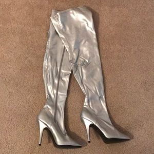 Silver thigh high boots. Size 9